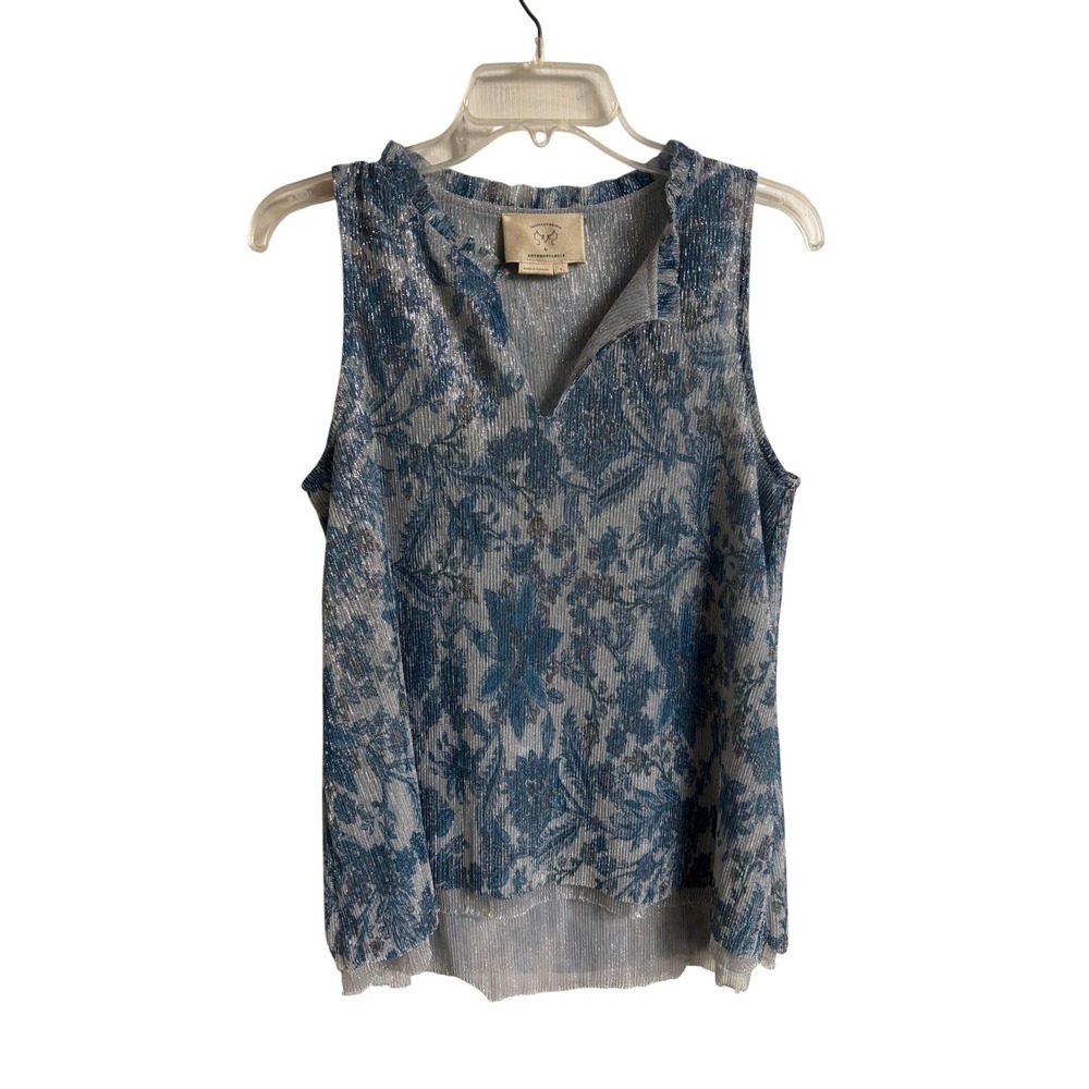 Vanessa Virginia Anthropologie Blue Silver Floral Metallic Pleated Tank Top S